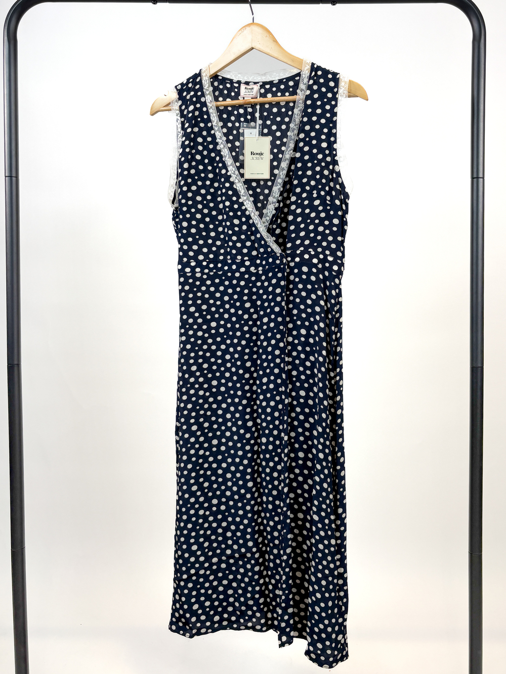 PF-1004 Rouje x J.Crew Rencard Wrap Dress, Navy Polka Dot